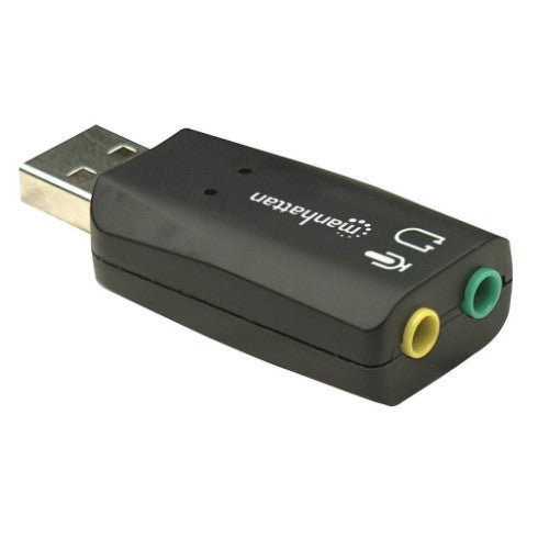 Manhattan USB-A Sound Adapter, USB-A to 3.5mm Mic-in and Audio-Out ports, 480 Mbps (USB 2.0), supports 3D and virtual 5.1 surround sound, Hi-Speed USB, Black, Three Year Warranty