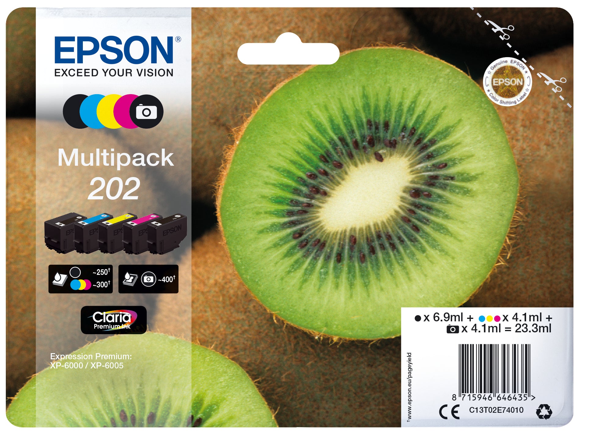 Epson C13T02E74010/202 Ink cartridge multi pack Bk,PBk,C,M,Y 6,9ml + 4x4,1ml Pack=5 for Epson XP 6000