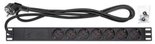 Intellinet 19" 1U Rackmount 7-Output Power Distribution Unit (PDU) / Surge Protector, EU CEE 7/3 Outlets, 500 Joule/19,500 A Surge Protection, Built-in 3 m Power Cord with EU CEE 7/7 Plug, 16 A, Horizontal Mount, Aluminum, Black