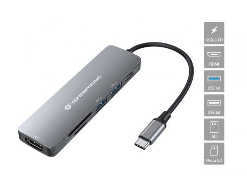 Conceptronic DONN11G 6-in-1 USB 3.2 Gen 1 Docking Station, HDMI, 100W USB PD, USB 3.0, USB 2.0, SD, TF/MicroSD