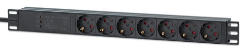 Intellinet 19" 1U Rackmount 7-Output Power Distribution Unit (PDU) / Surge Protector, EU CEE 7/3 Outlets, 500 Joule/19,500 A Surge Protection, Built-in 3 m Power Cord with EU CEE 7/7 Plug, 16 A, Horizontal Mount, Aluminum, Black