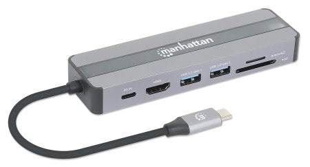 Manhattan USB-C Dock/Hub with Card Reader, Ports (x5): Ethernet, HDMI, USB-A (x2) and USB-C, With Power Delivery (87W) to USB-C Port (Note add USB-C wall charger and USB-C cable needed), All Ports can be used at the same time, Universal for all devices,