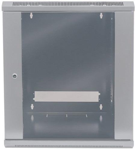 Intellinet 19" Network Cabinet - Wall Mount (Standard), 12U, 600mm Deep, Grey, Flatpack, Max 60kg, Metal & Glass Door, Back Panel, Removeable Sides, Suitable also for use on desk or floor, Usable Depth 410mm, Parts for wall install (eg screws/rawl plugs)