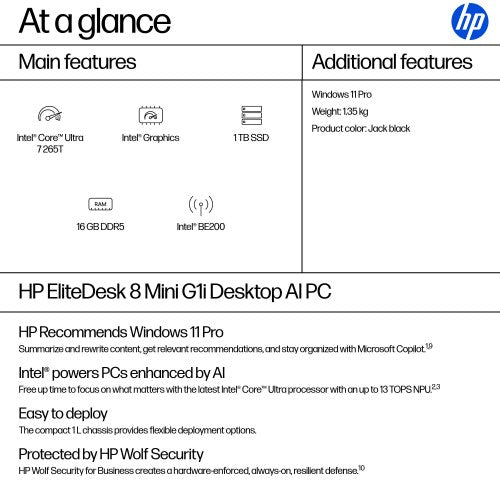 HP EliteDesk 8 Mini G1i AI Intel Core Ultra 7 265T 16 GB DDR5-SDRAM 1 TB SSD Windows 11 Pro Mini PC AI PC Black