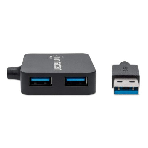 Manhattan USB-A 4-Port Hub, 4x USB-A Ports, 5 Gbps (USB 3.2 Gen1 aka USB 3.0), Bus Power, Fast charging x1 Port up to 0.9A or x4 Ports with power jack (not included), SuperSpeed USB, Black, Three Year Warranty, Equivalent to ST4300MINU3B