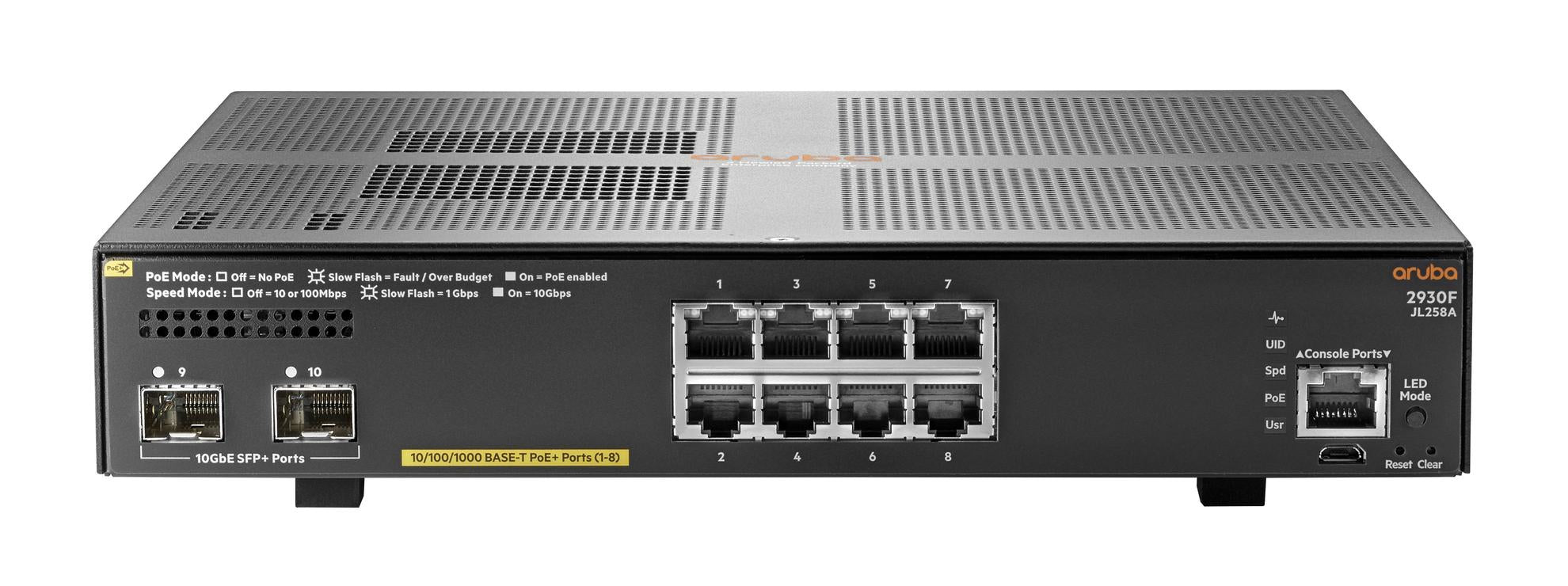 HPE Aruba Networking Aruba 2930F 8G PoE+ 2SFP+ Managed L3 Gigabit Ethernet (10/100/1000) Power over Ethernet (PoE) 1U