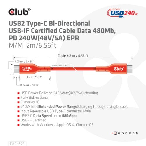 CLUB3D USB2 Type-C Bi-Directional Cable, Data 480Mb,PD 240W(48V/5A) EPR M/M 2m