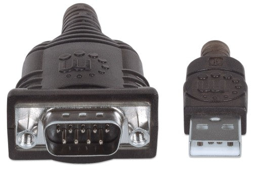 Manhattan USB-A to Serial Converter cable, 45cm, Male to Male, Serial/RS232/COM/DB9, Prolific PL-2303HXD Chip, Black/Silver cable, Three Year Warranty