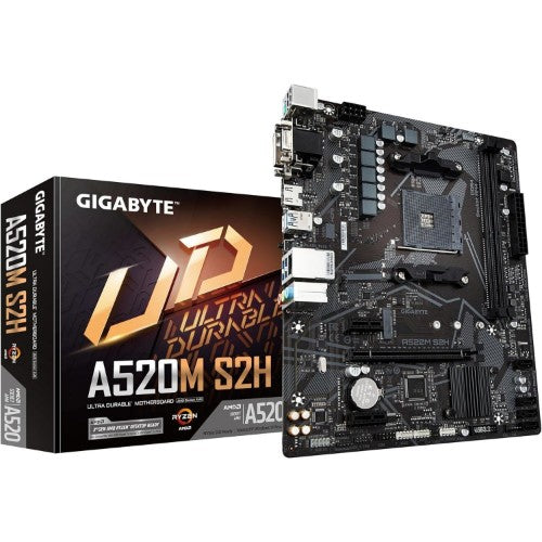 GIGABYTE A520M S2H Motherboard - Supports AMD Ryzen 5000 Series AM4 CPUs, 4+3 Phases Pure Digital VRM, up to 5100MHz DDR4 (OC), PCIe 3.0 x4 M.2, GbE LAN, USB 3.2 Gen 1