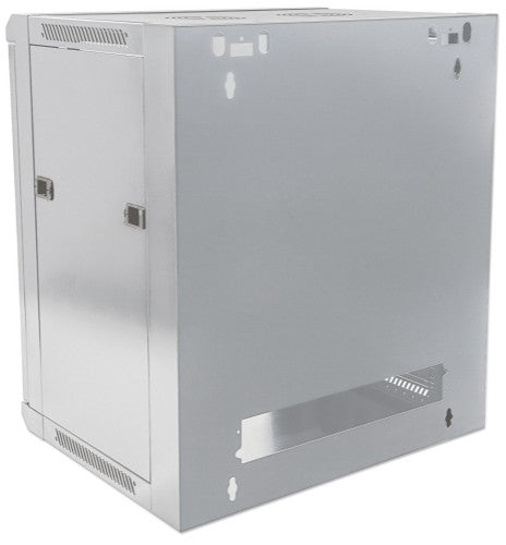 Intellinet 19" Network Cabinet - Wall Mount (Standard), 12U, 600mm Deep, Grey, Flatpack, Max 60kg, Metal & Glass Door, Back Panel, Removeable Sides, Suitable also for use on desk or floor, Usable Depth 410mm, Parts for wall install (eg screws/rawl plugs)