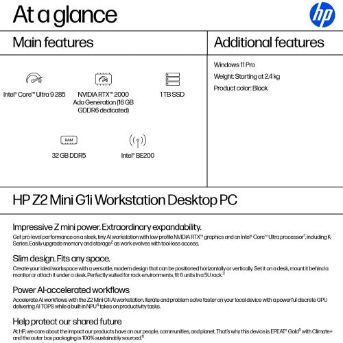 HP Z2 Mini G1i Intel Core Ultra 9 285 32 GB DDR5-SDRAM 1 TB SSD NVIDIA RTX 2000 Ada Windows 11 Pro Mini PC Workstation AI Workstation, AI PC Black