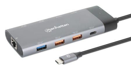Manhattan USB-C Dock/Hub, Ports (x10): Ethernet, HDMI (x2 8k), USB-A (x5) and USB-C (x2), With Power Delivery (100W) to USB-C Port (Note additional USB-C wall charger and USB-C cable needed), USB 3.2 Gen 2, All Ports can be used at the same time, Universa