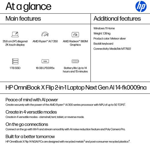HP OmniBook X Flip Next Gen AI 14-fk0009na Copilot+ PC AMD Ryzen™ AI 7 350 Hybrid (2-in-1) 35.6 cm (14") Touchscreen 2K 16 GB LPDDR5x-SDRAM 1 TB SSD Wi-Fi 6E (802.11ax) Windows 11 Home Silver
