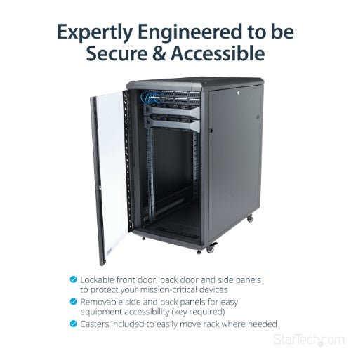StarTech.com 4-Post 22U Server Rack Cabinet, Lockable 19" Data Rack Cabinet for Computer / AV / IT Equipment, Office / Home Network Rack with Casters & Adjustable Mounting Rails