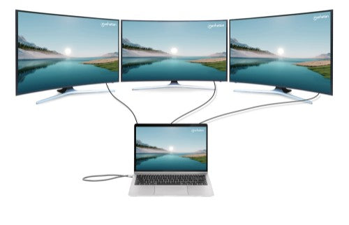 Manhattan USB-C Dock/Hub with Card Reader, Ports (x10): Audio 3.5mm, DisplayPort, Ethernet, HDMI (x2),USB-A (x3) and USB-C (x2),Power Delivery (100W) to USB-C Port (Note add USB-C wall charger and USB-C cable needed),All Ports can be used at the same time