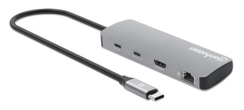 Manhattan USB-C Dock/Hub with Card Reader, Ports (x7): Ethernet, HDMI, USB-A (x3) and USB-C (x2), With Power Delivery (100W) to USB-C Port (Note additional USB-C wall charger and USB-C cable needed), USB 3.2 Gen 1, All Ports can be used at the same time,