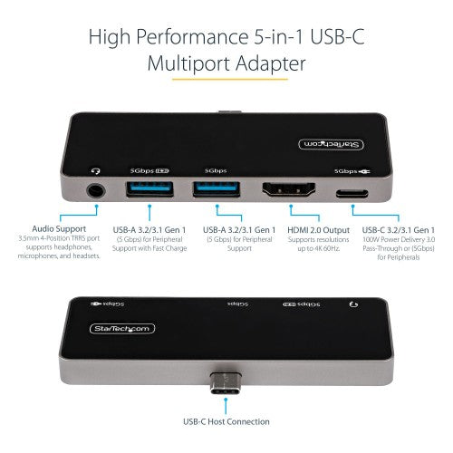 StarTech.com USB C Multiport Adapter - USB-C to 4K 60Hz HDMI 2.0, 100W Power Delivery Pass-Through Charging, 3-Port USB 3.0 Hub, Audio - USB-C Mini Dock - Portable USB Type-C Travel Dock