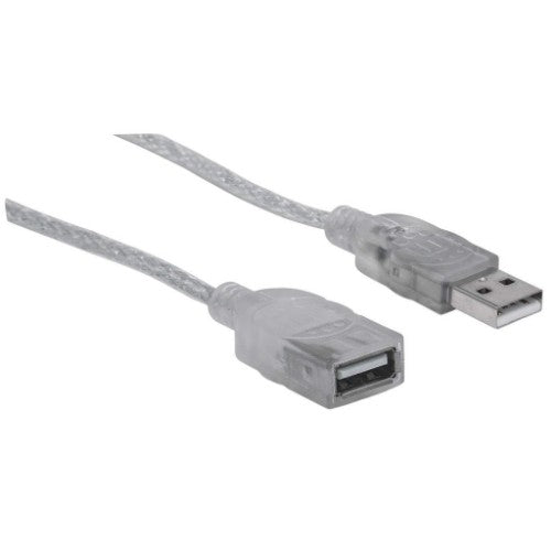Manhattan USB-A to USB-A Extension Cable, 1.8m, Male to Female, 480 Mbps (USB 2.0), Hi-Speed USB, Translucent Silver, Lifetime Warranty