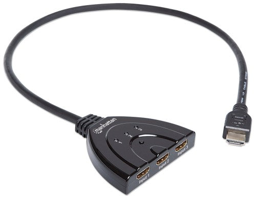 Manhattan HDMI Switch 3-Port, 1080p, Connects x3 HDMI sources to x1 display, Manual Switching (via button), Integrated Cable (58cm), No external power required, Black, Three Year Warranty