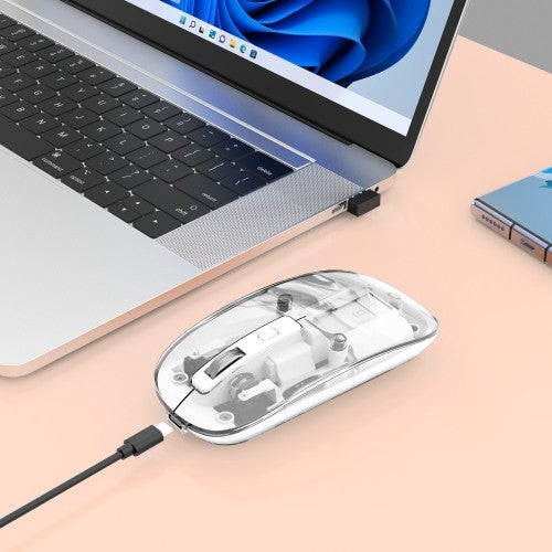 Manhattan Transparent Rechageable Wireless Mouse, Clear/White, Adjustable 800/1200/1600dpi, With RGB LED light, 2.4Ghz (effective range up to 10m), USB, Optical, Ambidextrous, Four Button with Scroll Wheel, Slim Design, USB-A micro receiver, Lithium Ion b