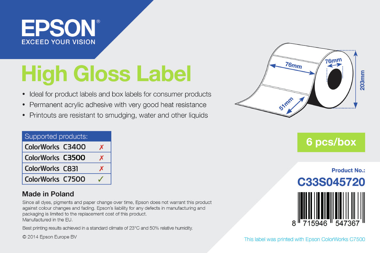 Epson High Gloss Label - Die-cut Roll: 76mm x 51mm, 2310 labels