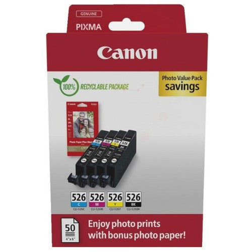 Canon 4540B019/CLI-526 Ink cartridge multi pack Bk,C,M,Y + Photopaper 10x15cm 50 sheet Blister, 4x450 pages ISO/IEC 24711 9ml Pack=4 for Canon Pixma IP 4850/MG 5350/MG 6150/MG 6250/MX 885
