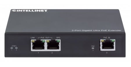 Intellinet 2-Port Gigabit Ultra PoE Extender, Adds up to 100 m (328 ft.) to PoE Range, PoE Power Budget 60 W, Two PSE Ports with 30 W Output Each, IEEE 802.3bt/at/af Compliant, Metal Housing