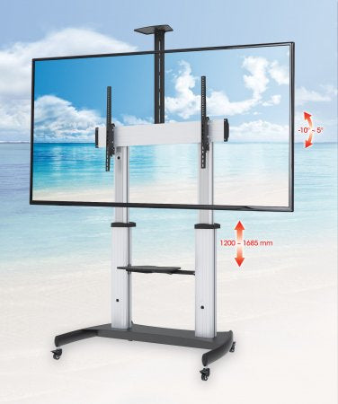 Manhattan Trolley Mount Stand for TV & Monitors, For screens: 60" to 100",VESA compatibility:all between 200x200 to 800x600mm -check the dimensions of the four mounting holes on back of screen to ensure it fits,Max 100kg,Height adjustable 1200 to 1685mm,L