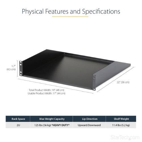 StarTech.com 2U Server Rack Shelf - Universal Rack Mount Cantilever Shelf for 19" Network Equipment Rack & Cabinet - Heavy Duty Steel – Weight Capacity 125lb/56kg - 18" Deep Tray, Black