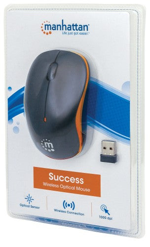 Manhattan Success Wireless Mouse, Black/Orange, 1000dpi, 2.4Ghz (up to 10m), USB, Optical, Three Button with Scroll Wheel, USB micro receiver, AA battery (included), Low friction base, Three Year Warranty