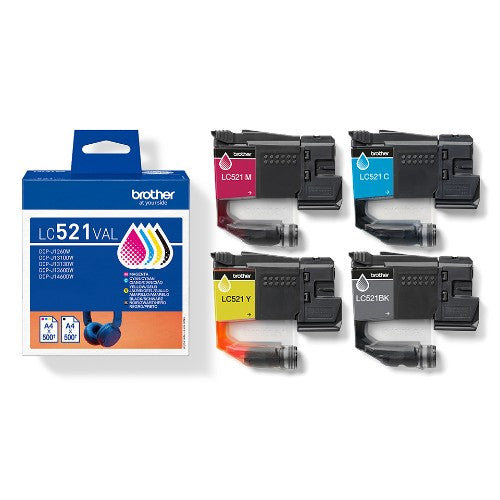 Brother LC-521VAL Ink cartridge multi pack Bk,C,M,Y, 4x500 pages ISO/IEC 19752 Pack=4 for Brother DCP-J 1260