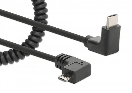 Manhattan USB-C to Micro-USB Cable, 1m, Male to Male, Black, 480 Mbps (USB 2.0), Tangle Resistant Curly Design, Angled Connectors, Ideal for Charging Cabinets/Carts, Charge only - not for data sync, Hi-Speed USB, Lifetime Warranty