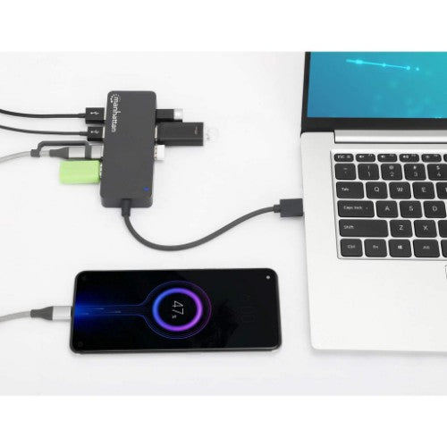 Manhattan USB-A Dock/Hub, Ports (x7): USB-A (x7), 5 Gbps (USB 3.2 Gen1 aka USB 3.0), External Power Supply Not Needed, Cable 15cm, SuperSpeed USB, Black, Three Year Warranty