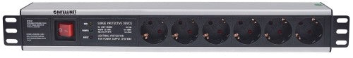Intellinet 19" 1.5U Rackmount 6-Output Power Distribution Unit (PDU) EU CEE 7/3 Outlets, With On/Off Switch and Surge Protection, Built-in 3 m (10 ft.) Power Cord with EU CEE 7/4 Plug