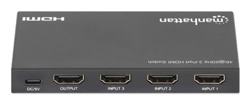 Manhattan 4K@60Hz 3-Port HDMI Switch, Switches Between Three HDMI Inputs on One HDMI Output (3x1), 18G, Automatic and Manual Switching, IR Remote Control, Black