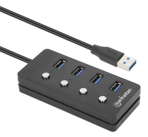 Manhattan USB-C Dock/Hub, Ports (x4) with on/off switch for each port: USB-A (x4), 5 Gbps (USB 3.2 Gen1 aka USB 3.0), Universal for all devices, Bus or AC powered (optional jack, not included), Cable 1.5m, SuperSpeed USB, Black, Three Year Warranty
