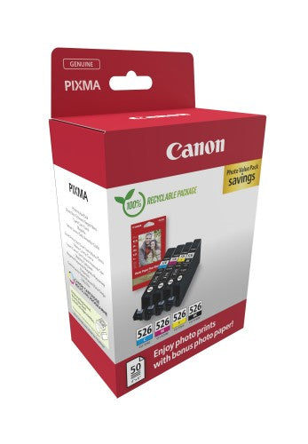 Canon 4540B019/CLI-526 Ink cartridge multi pack Bk,C,M,Y + Photopaper 10x15cm 50 sheet Blister, 4x450 pages ISO/IEC 24711 9ml Pack=4 for Canon Pixma IP 4850/MG 5350/MG 6150/MG 6250/MX 885