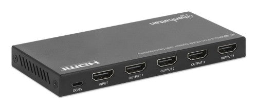 Manhattan HDMI Splitter with downscaling 4-Port , 4K@60Hz, Displays output from x1 HDMI source to x4 HD displays (same output to four displays), Downscale button to adjust a 4K input signal into 1080p, Micro-USB to USB-A power cable included (cable 0.8m),