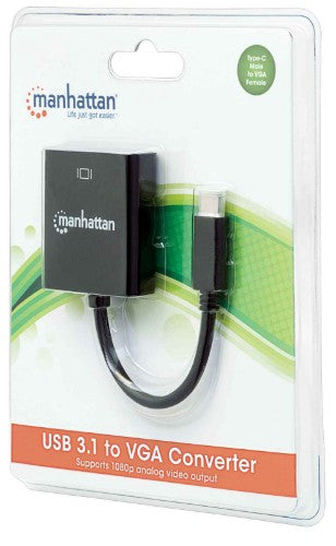 Manhattan USB-C to VGA Converter Cable, 1080p@60Hz, Black, 8cm, Male to Female, Lifetime Warranty, Equivalent to CDP2HD