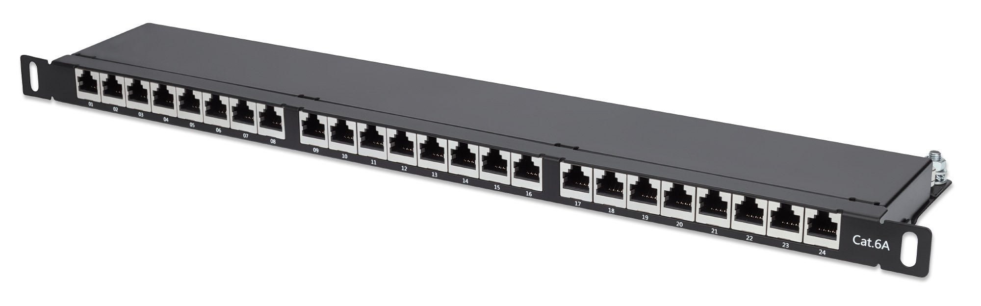 Intellinet Patch Panel, Cat6a, FTP, 24-Port, 19", 0.5U, Shielded, 90° Top-Entry Punch Down Blocks, Black