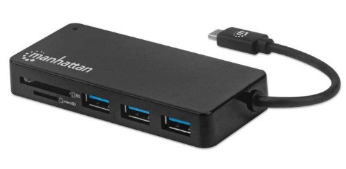 Manhattan USB-C Dock/Hub with Card Reader, Ports (x3): USB-A (x3), 5 Gbps (USB 3.2 Gen1 aka USB 3.0), External Power Supply Not Needed, Universal for all devices, SuperSpeed USB, Black, Three Year Warranty