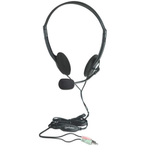 Manhattan Stereo On-Ear Headset (3.5mm), Microphone Boom, In-Line Volume Control, Foam Earpads, Standard 2x 3.5mm stereo jack/plug for audio/mic use, cable 2m, Black, Three Year Warranty