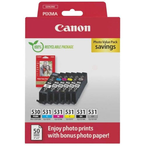 Canon 6117C004/PGI-530/CLI531 Ink cartridge multi pack 1xPGI + 5x CLI Bk,C,M,Y,GY + Photopaper PP-201 18,5ml + 5x 8,2ml Pack=6 for Canon Pixma TS 8750