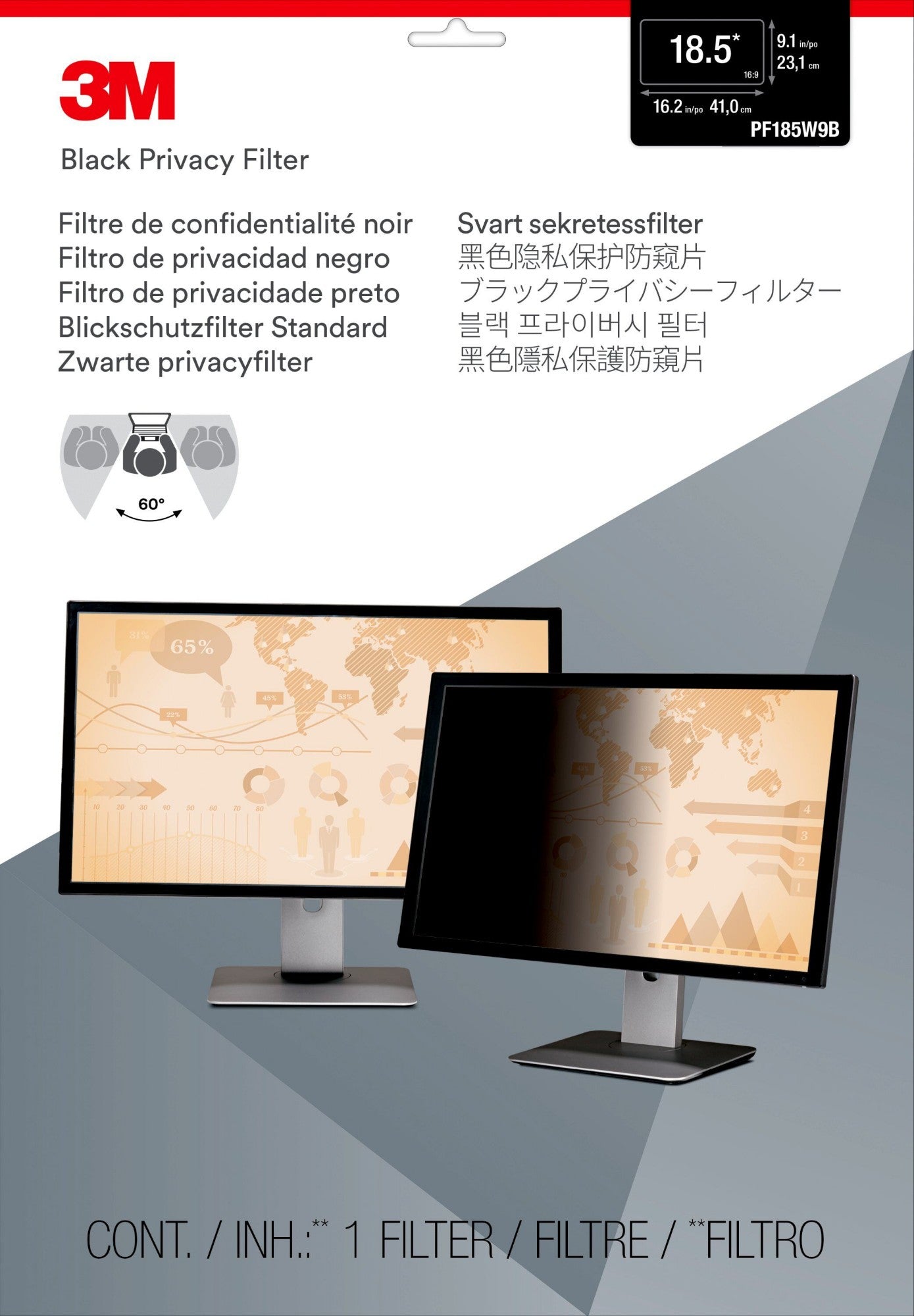 3M Privacy Filter for 18.5in Monitor, 16:9, PF185W9B