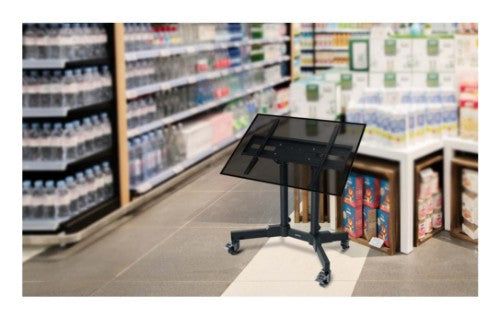 Manhattan Low Height Trolley Mount Stand for TV & Monitors, For screens 37" to 65", VESA compatability: all between 200x200 to 600x400mm - check the dimensions of the four mounting holes on back of screen to ensure it fits, Max 40kg, 45° tilt (tool free),