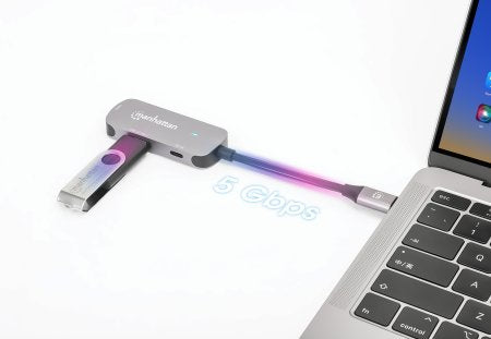 Manhattan USB-C Dock/Hub, Ports (x3): HDMI, USB-A and USB-C, With Power Delivery (100W) to USB-C Port (Note add USB-C wall charger and USB-C cable needed), Universal for all devices, All Ports can be used at the same time, Aluminium, Space Grey, 3 Year Wa