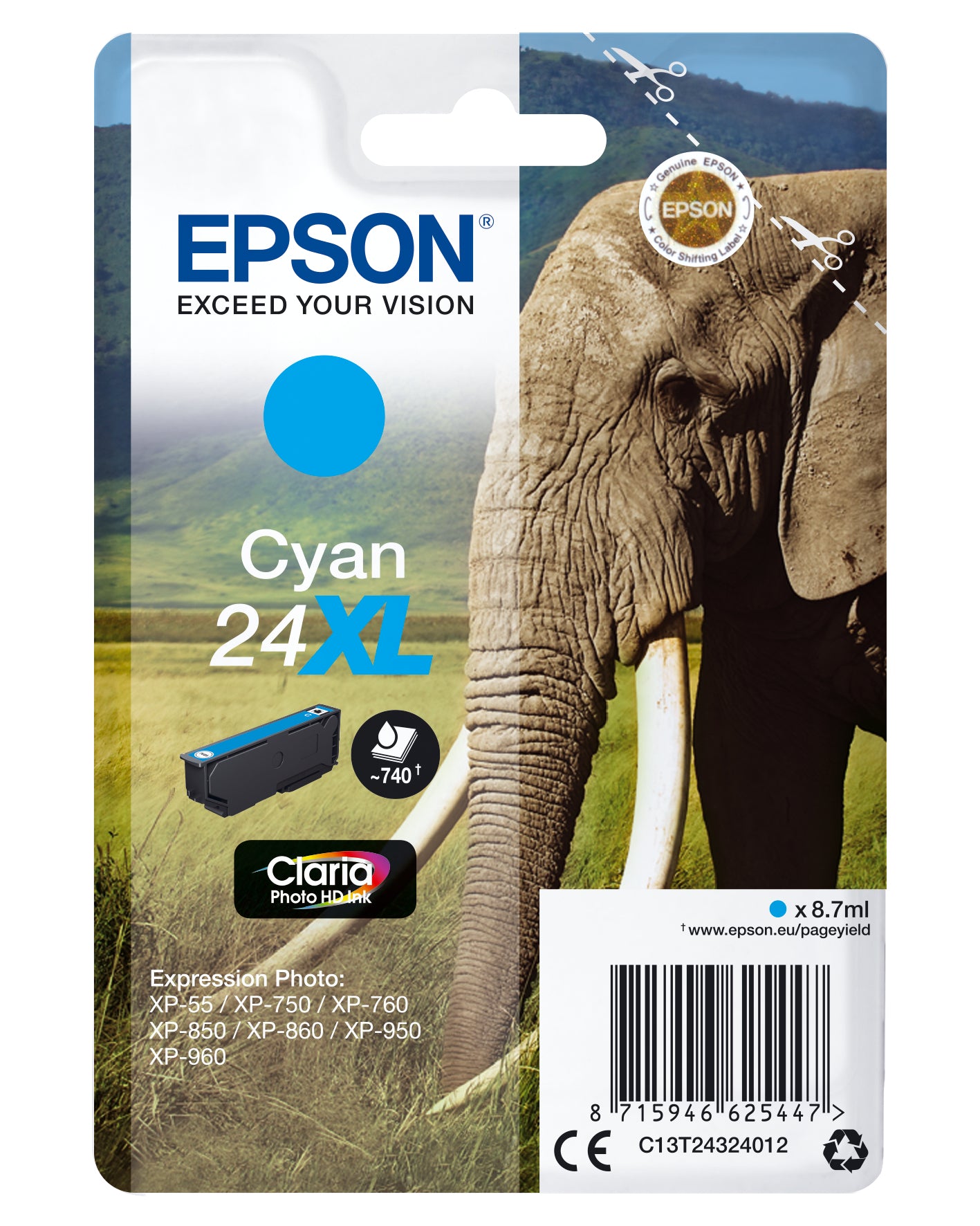 Epson C13T24324012/24XL Ink cartridge cyan high-capacity, 500 pages 8,7ml for Epson XP 750