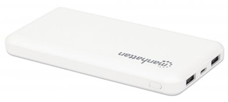 Manhattan Power Bank, 10000 mAh, Output: 2x USB-A (2.1A & 1A), Input: USB-C & Micro-USB (both 2A), White, One Year Warranty