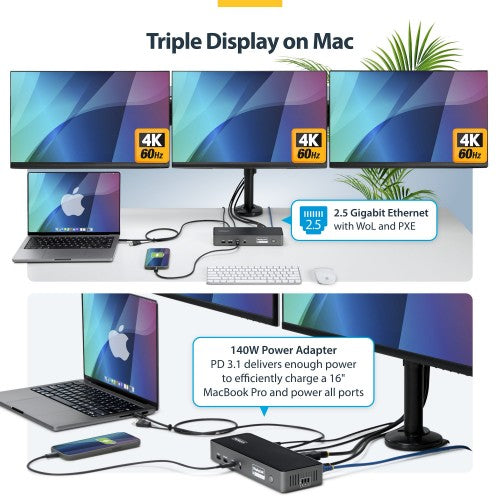 StarTech.com Triple-Monitor USB-C Docking Station, 140W Laptop Charging Dock for MacBook Pro and Windows, 4K 60Hz HDMI or DisplayPort, TAA
