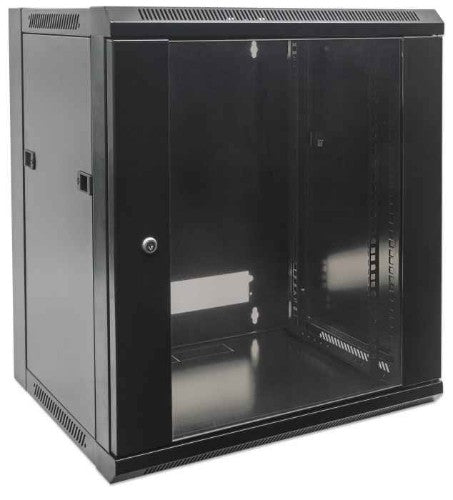 Intellinet 19" Network Cabinet - Wall Mount (Standard), 6U, 450mm Deep, Black, Flatpack, Max 60kg, Suitable also for use on desk or floor, Usable Depth 270mm to 350mm, Metal & Glass Door, Back Panel, Removeable Sides,Parts for wall installation not includ